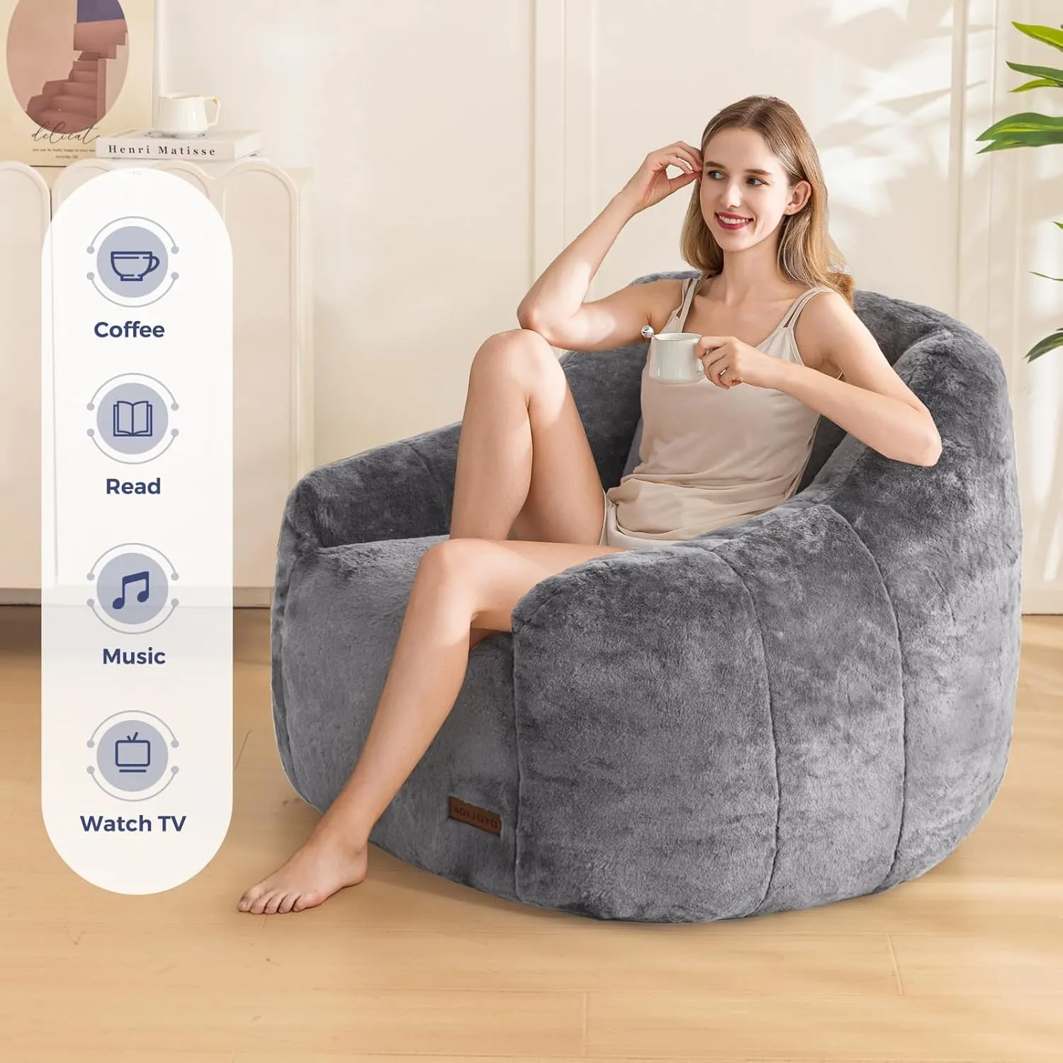 MAXYOYO Bean Bag Chair, Comfy Bean Bag Sofa with Back Support, Faux Fur Bean Bag Chair for Adults and Kids, Stuffed Floor Sofa for Living Room, Bedroom, Apartment, Grey