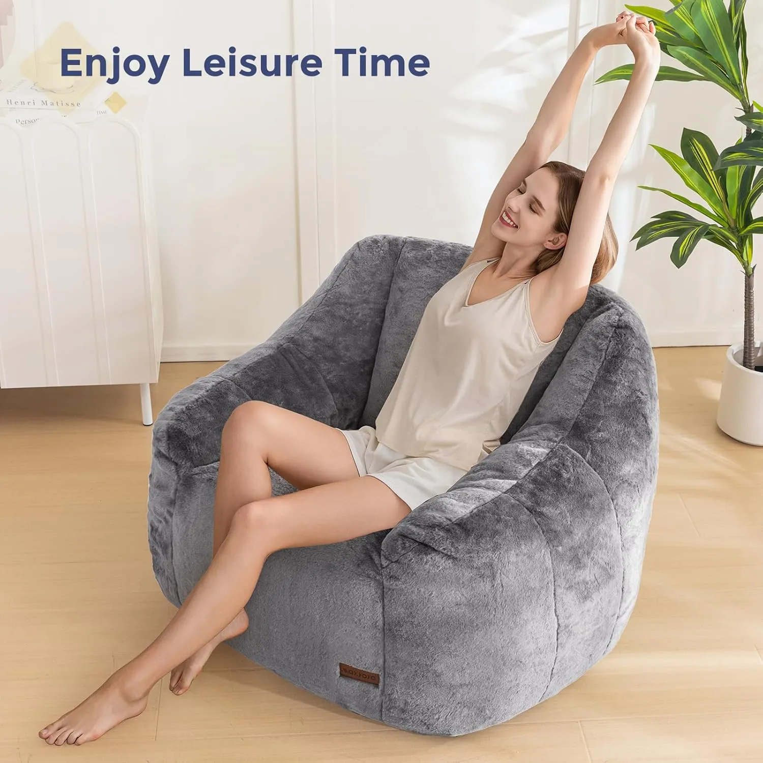MAXYOYO Bean Bag Chair, Comfy Bean Bag Sofa with Back Support, Faux Fur Bean Bag Chair for Adults and Kids, Stuffed Floor Sofa for Living Room, Bedroom, Apartment, Grey