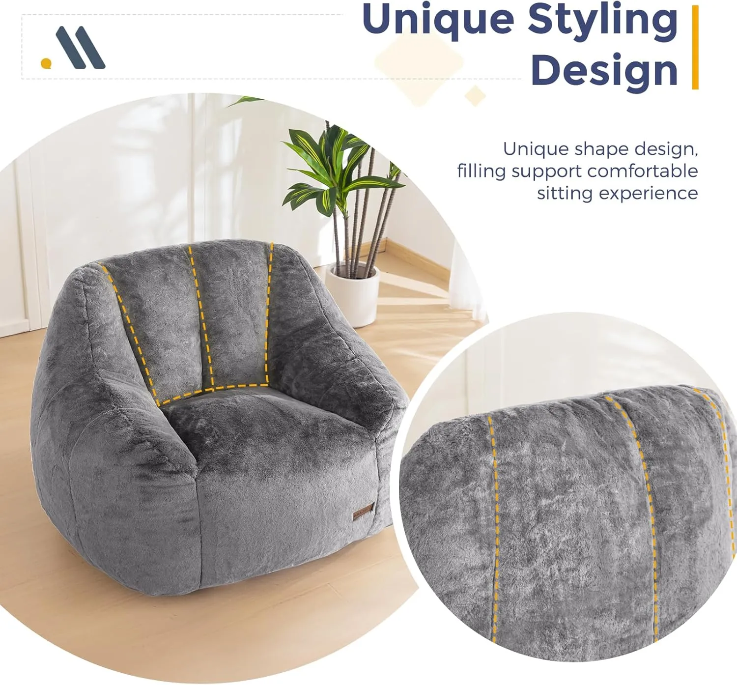 MAXYOYO Bean Bag Chair, Comfy Bean Bag Sofa with Back Support, Faux Fur Bean Bag Chair for Adults and Kids, Stuffed Floor Sofa for Living Room, Bedroom, Apartment, Grey
