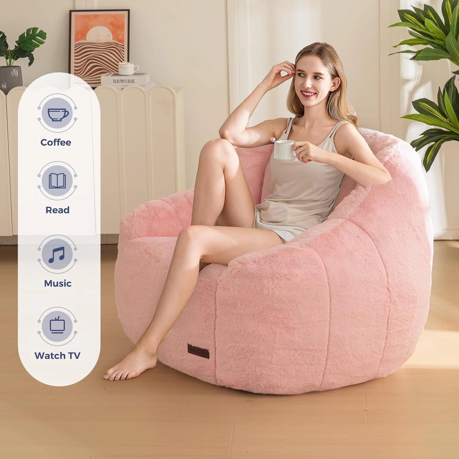 MAXYOYO Bean Bag Chair, Comfy Bean Bag Sofa with Back Support, Faux Fur Bean Bag Chair for Adults and Kids, Stuffed Floor Sofa for Living Room, Bedroom, Apartment, Pink