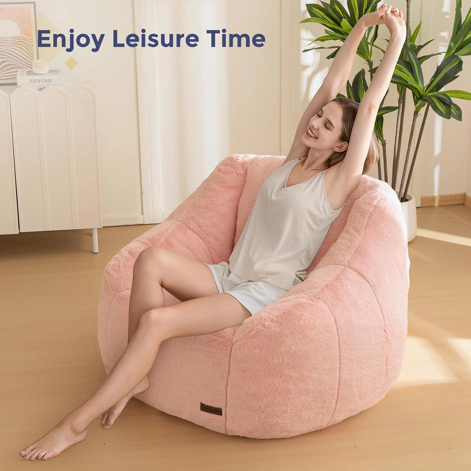 MAXYOYO Bean Bag Chair, Comfy Bean Bag Sofa with Back Support, Faux Fur Bean Bag Chair for Adults and Kids, Stuffed Floor Sofa for Living Room, Bedroom, Apartment, Pink