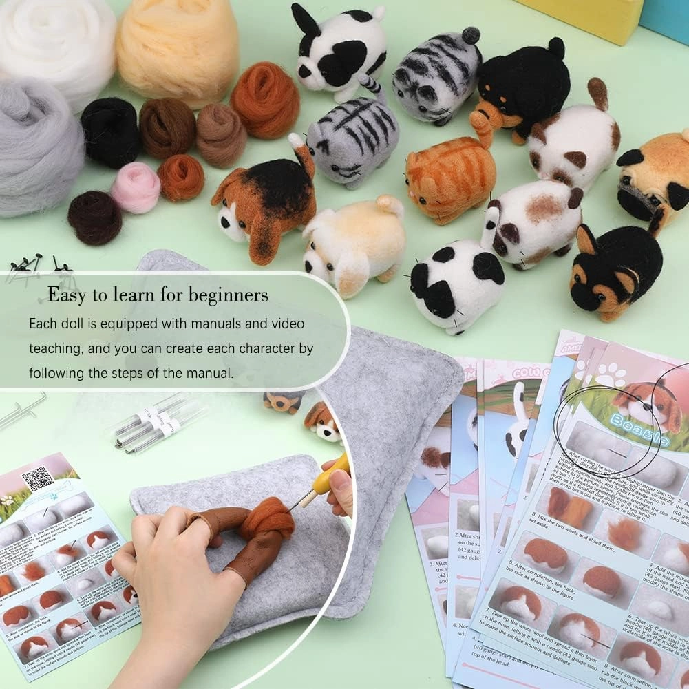 Mayboos Needle Felting Kit,12 Pieces Doll Making Wool Needle Felting Starter Kit with Instruction,Felting Foam Mat and DIY Needle Felting Supply for DIY Craft Animal Home Decoration Birthday Present