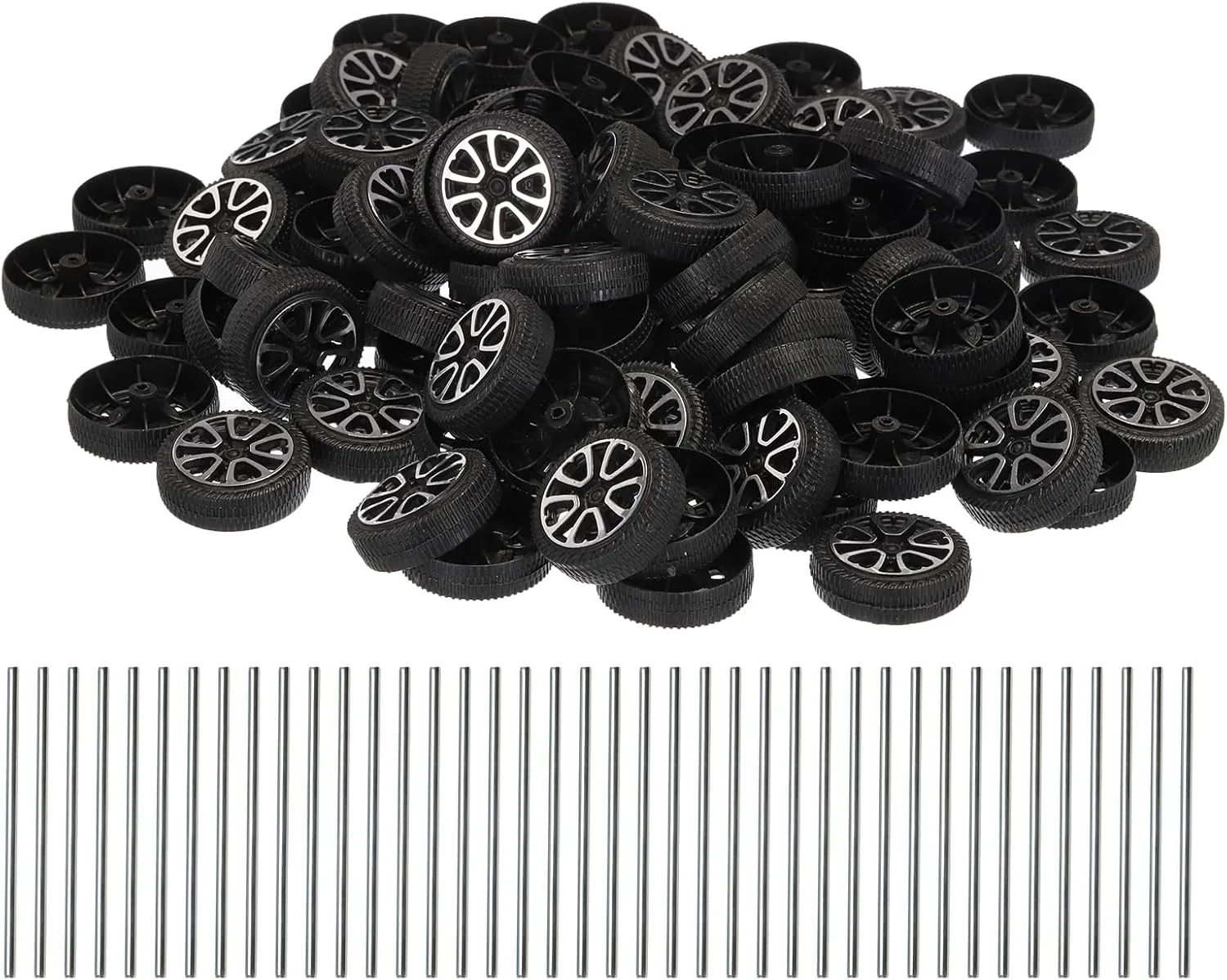 MECCANIXITY 100pcs Toy Car Wheels, 30mmx9mm Plastic Roll and 2mmx50mm Shaft Round Rod Axles for DIY RC Car Truck Boat Helicopter Model Part, Black