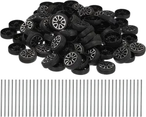 MECCANIXITY 100pcs Toy Car Wheels, 30mmx9mm Plastic Roll and 2mmx50mm Shaft Round Rod Axles for DIY RC Car Truck Boat Helicopter Model Part, Black