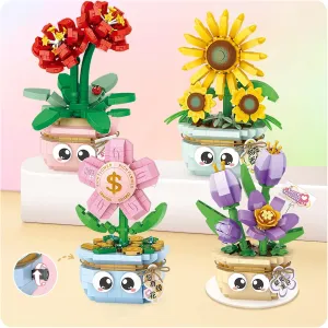 MEIEST 4 PCS Mini Flower Succulent Bonsai Building Blocks,Simulation Pot Plant Particle Botanical Collection Construction Building Bricks Toy,Home Decors (Series-3)