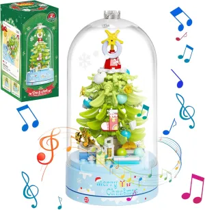 MEIEST Christmas Tree Building Blocks Music Box Set with Dust-Proof Dome,Xmas Holiday Construction Toy Gift,Home Decor (Snow Christmas Tree)