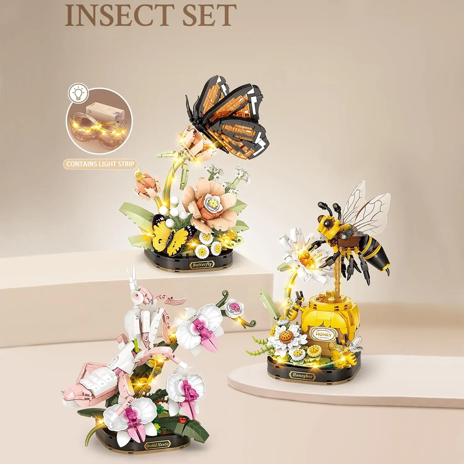 MEIEST Insect Flower Building Blocks Set,Colorful Construction Building Bricks Toy with a Science Popularization Card,Creative Home Decoration (Honeybee)