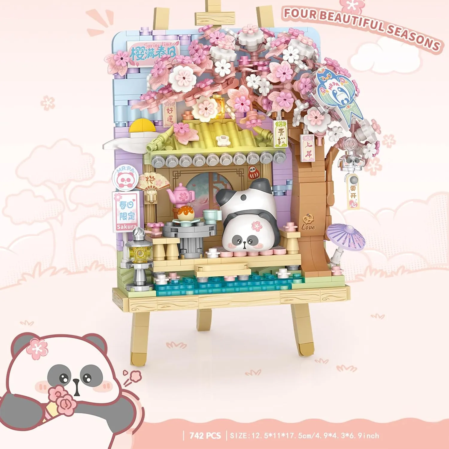 MEIEST Panda Mini Building Blocks Cute 3D Painting Model Set,Creative 4 Seasons' Views Collection Construction Building Bricks Toy,Home Decor (Spring-Cherry Blossom)