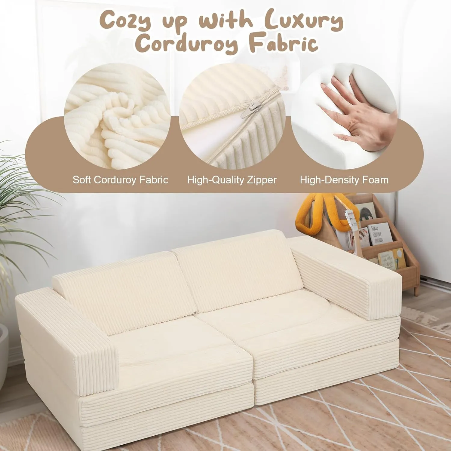 MeMoreCool Kids Couch for Playroom, 10 Piece Modular Play Sofa, Corduroy Convertible Toddler Couch, Foam Fort Building Set for Child Room Furniture, Beige
