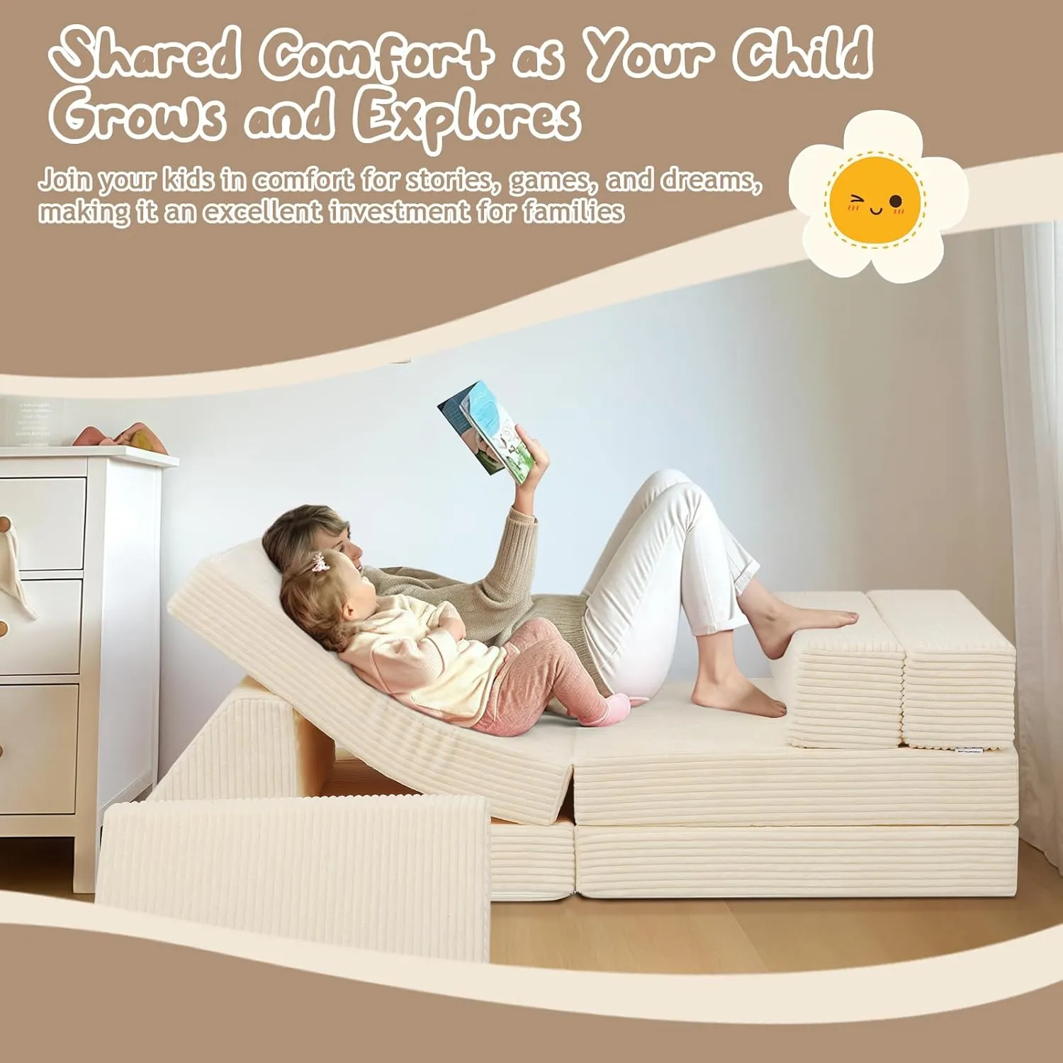 MeMoreCool Kids Couch for Playroom, 10 Piece Modular Play Sofa, Corduroy Convertible Toddler Couch, Foam Fort Building Set for Child Room Furniture, Beige