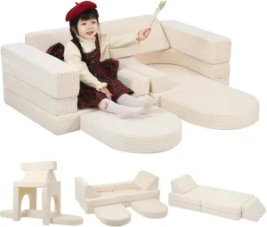 MeMoreCool Kids Couch for Playroom, 10 Piece Modular Play Sofa, Corduroy Convertible Toddler Couch, Foam Fort Building Set for Child Room Furniture, Beige
