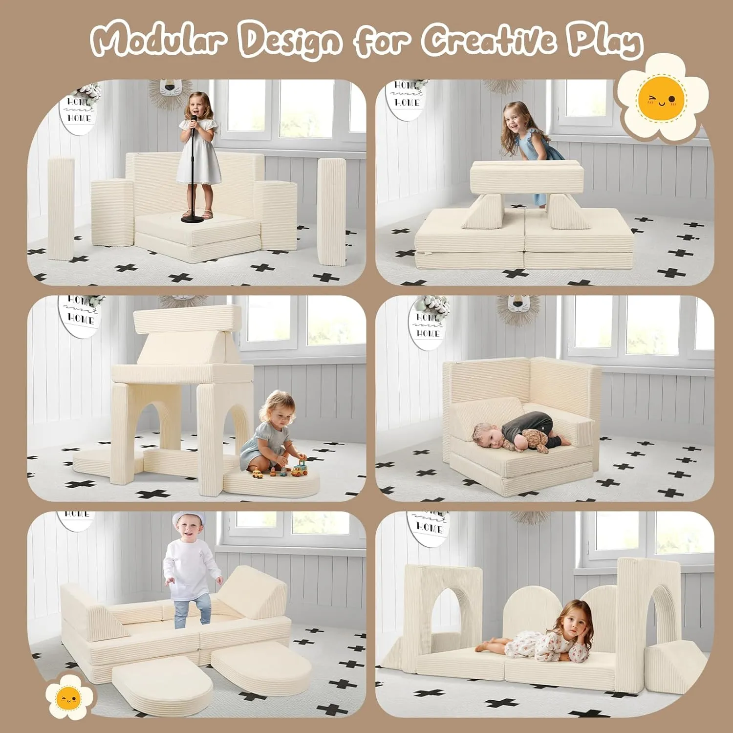MeMoreCool Kids Couch for Playroom, 10 Piece Modular Play Sofa, Corduroy Convertible Toddler Couch, Foam Fort Building Set for Child Room Furniture, Beige
