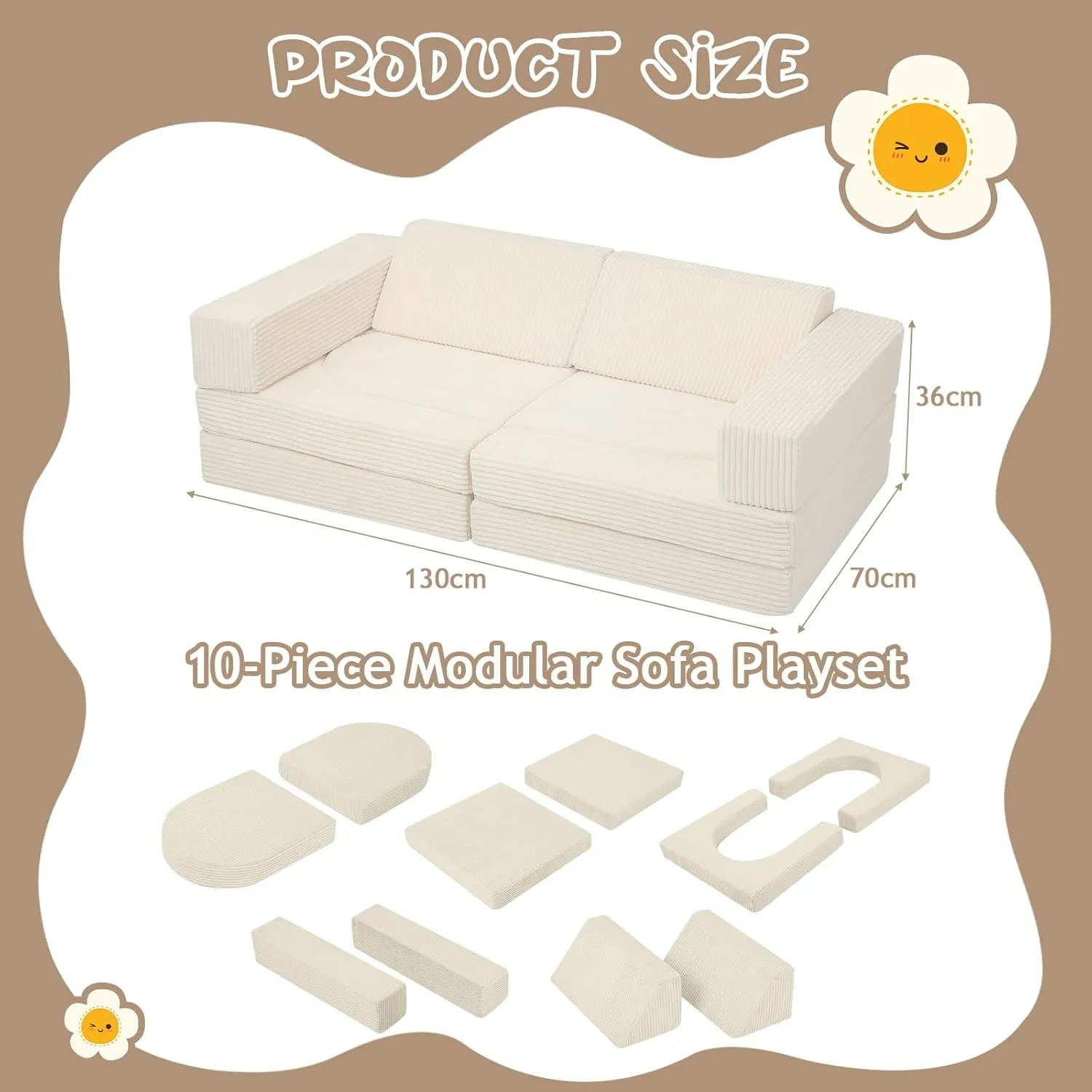 MeMoreCool Kids Couch for Playroom, 10 Piece Modular Play Sofa, Corduroy Convertible Toddler Couch, Foam Fort Building Set for Child Room Furniture, Beige