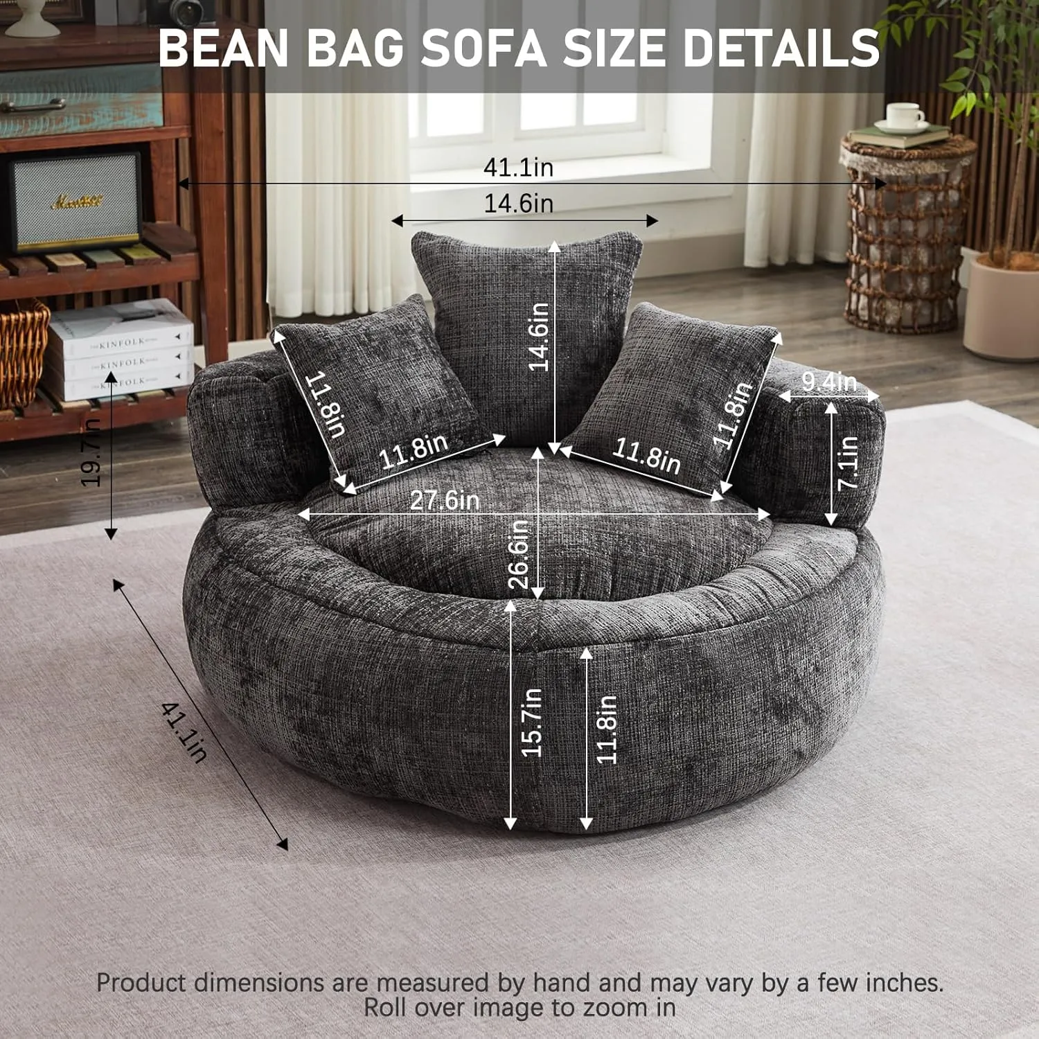 Memory Foam Bean Bag Chair, Comfy Bean Bag Chairs for Adults with Filling, Lazy Sofa with Soft Chenille Bean Bag Cover, Round Bean Bag Chair with Back Support & Adjustable Pillow, Black