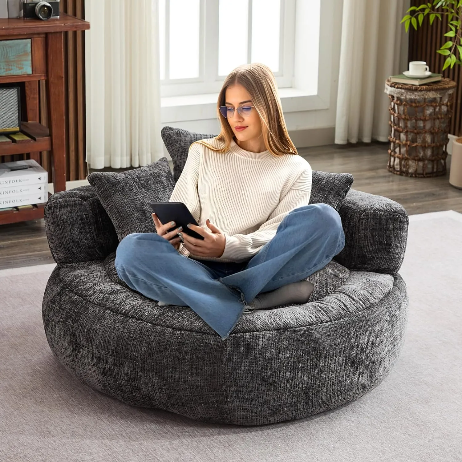 Memory Foam Bean Bag Chair, Comfy Bean Bag Chairs for Adults with Filling, Lazy Sofa with Soft Chenille Bean Bag Cover, Round Bean Bag Chair with Back Support & Adjustable Pillow, Black
