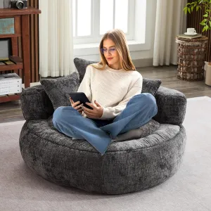 Memory Foam Bean Bag Chair, Comfy Bean Bag Chairs for Adults with Filling, Lazy Sofa with Soft Chenille Bean Bag Cover, Round Bean Bag Chair with Back Support & Adjustable Pillow, Black