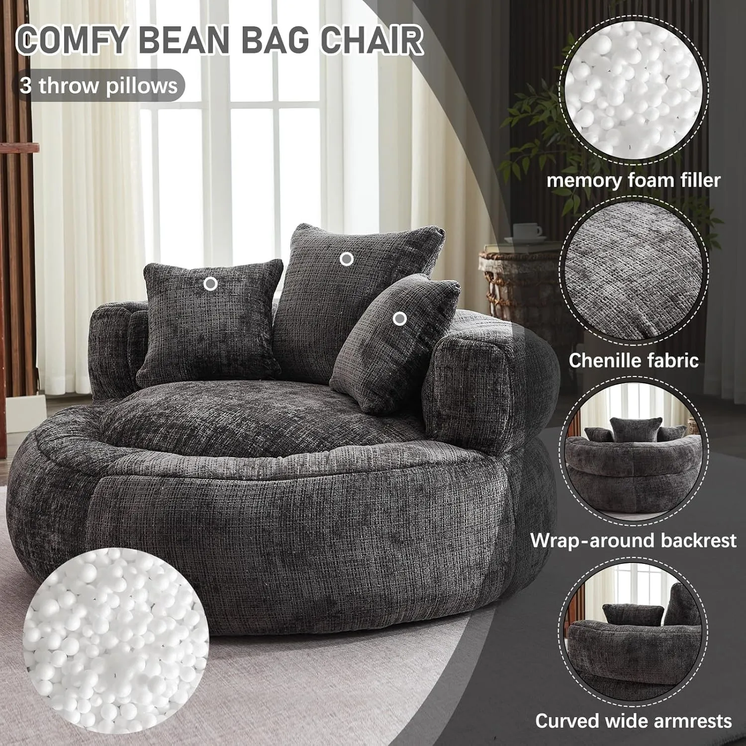 Memory Foam Bean Bag Chair, Comfy Bean Bag Chairs for Adults with Filling, Lazy Sofa with Soft Chenille Bean Bag Cover, Round Bean Bag Chair with Back Support & Adjustable Pillow, Black