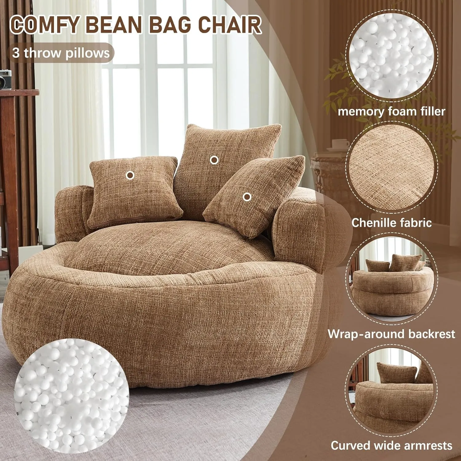 Memory Foam Bean Bag Chair, Comfy Bean Bag Chairs for Adults with Filling, Lazy Sofa with Soft Chenille Bean Bag Cover, Round Bean Bag Chair with Back Support & Adjustable Pillow, Coffee