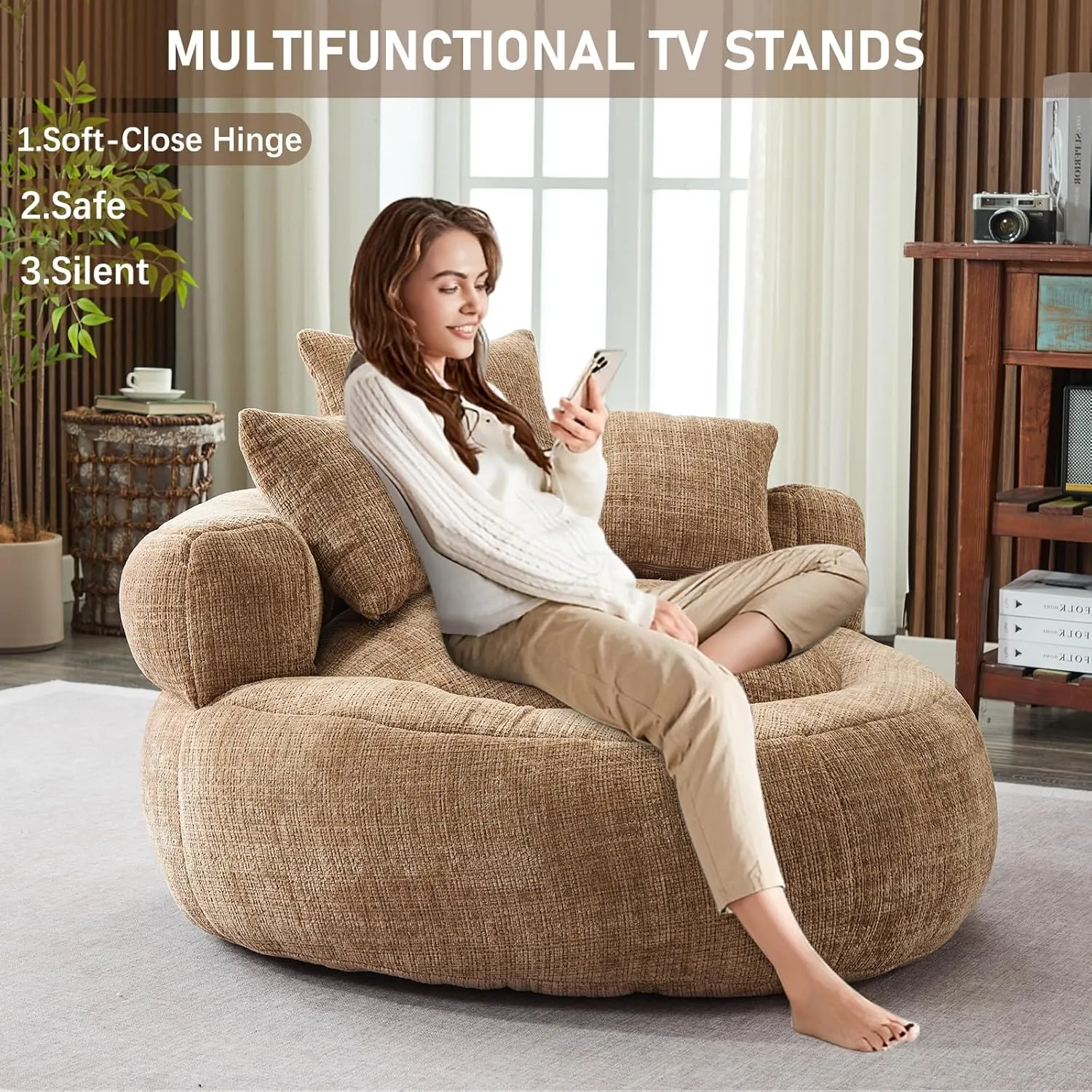 Memory Foam Bean Bag Chair, Comfy Bean Bag Chairs for Adults with Filling, Lazy Sofa with Soft Chenille Bean Bag Cover, Round Bean Bag Chair with Back Support & Adjustable Pillow, Coffee