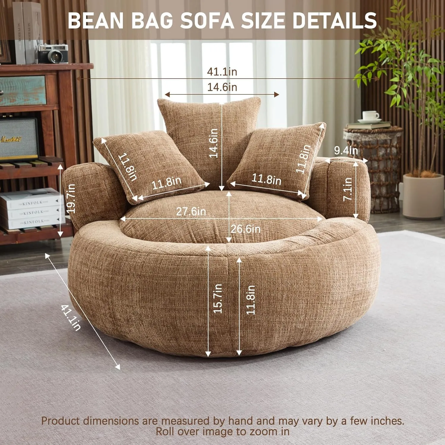 Memory Foam Bean Bag Chair, Comfy Bean Bag Chairs for Adults with Filling, Lazy Sofa with Soft Chenille Bean Bag Cover, Round Bean Bag Chair with Back Support & Adjustable Pillow, Coffee