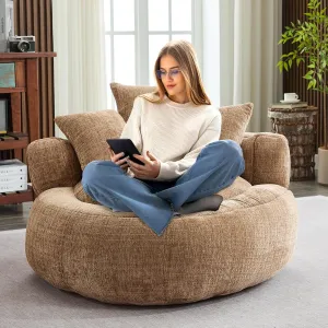 Memory Foam Bean Bag Chair, Comfy Bean Bag Chairs for Adults with Filling, Lazy Sofa with Soft Chenille Bean Bag Cover, Round Bean Bag Chair with Back Support & Adjustable Pillow, Coffee
