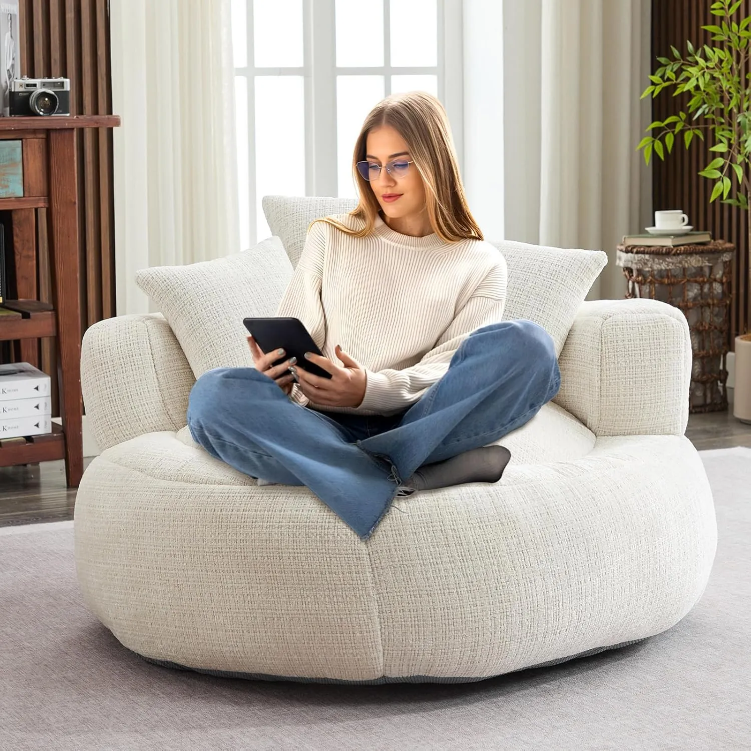 Memory Foam Bean Bag Chair, Comfy Bean Bag Chairs for Adults with Filling, Lazy Sofa with Soft Chenille Bean Bag Cover, Round Bean Bag Chair with Back Support & Adjustable Pillow, White