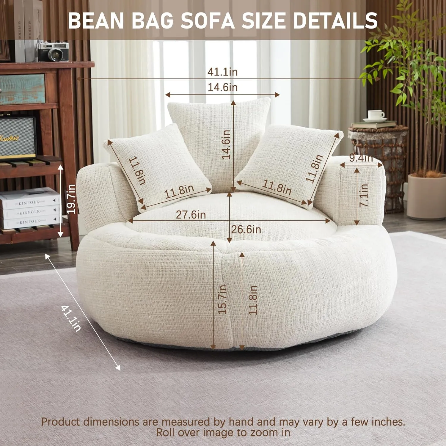 Memory Foam Bean Bag Chair, Comfy Bean Bag Chairs for Adults with Filling, Lazy Sofa with Soft Chenille Bean Bag Cover, Round Bean Bag Chair with Back Support & Adjustable Pillow, White