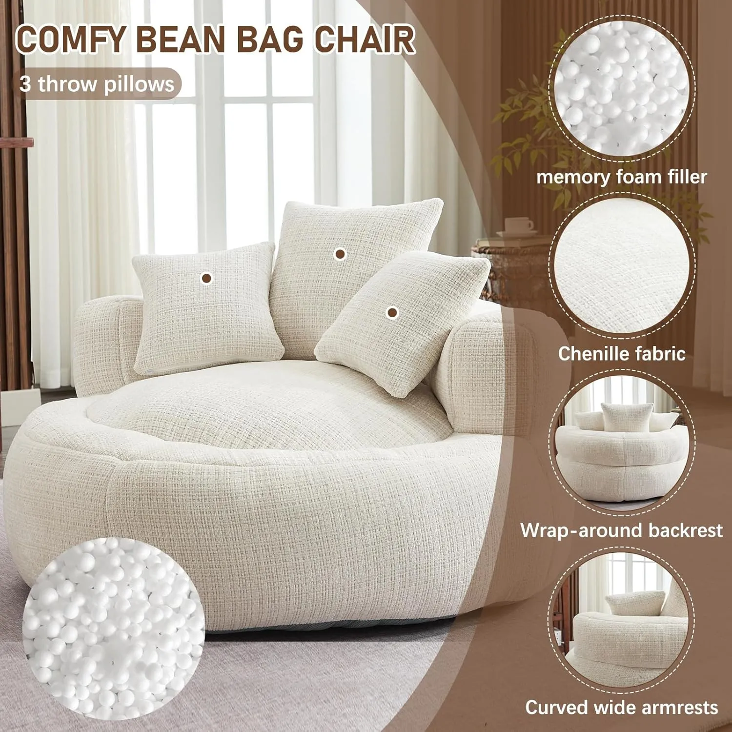 Memory Foam Bean Bag Chair, Comfy Bean Bag Chairs for Adults with Filling, Lazy Sofa with Soft Chenille Bean Bag Cover, Round Bean Bag Chair with Back Support & Adjustable Pillow, White