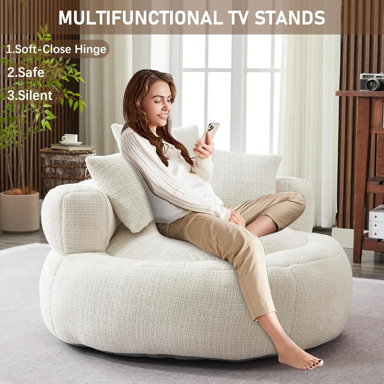 Memory Foam Bean Bag Chair, Comfy Bean Bag Chairs for Adults with Filling, Lazy Sofa with Soft Chenille Bean Bag Cover, Round Bean Bag Chair with Back Support & Adjustable Pillow, White