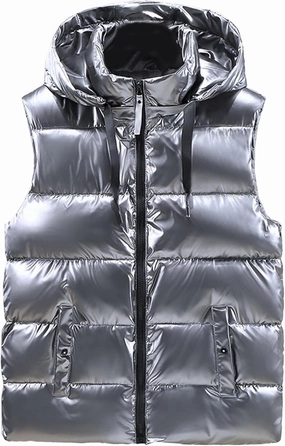 Men's Metallic Shiny Winter Vest Padded Sleeveless Zip Up Hooded Coat Warm Outdoor Thick Luxury Jacket Vest