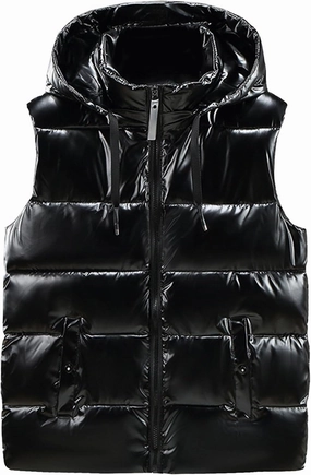 Men's Metallic Shiny Winter Vest Padded Sleeveless Zip Up Hooded Coat Warm Outdoor Thick Luxury Jacket Vest