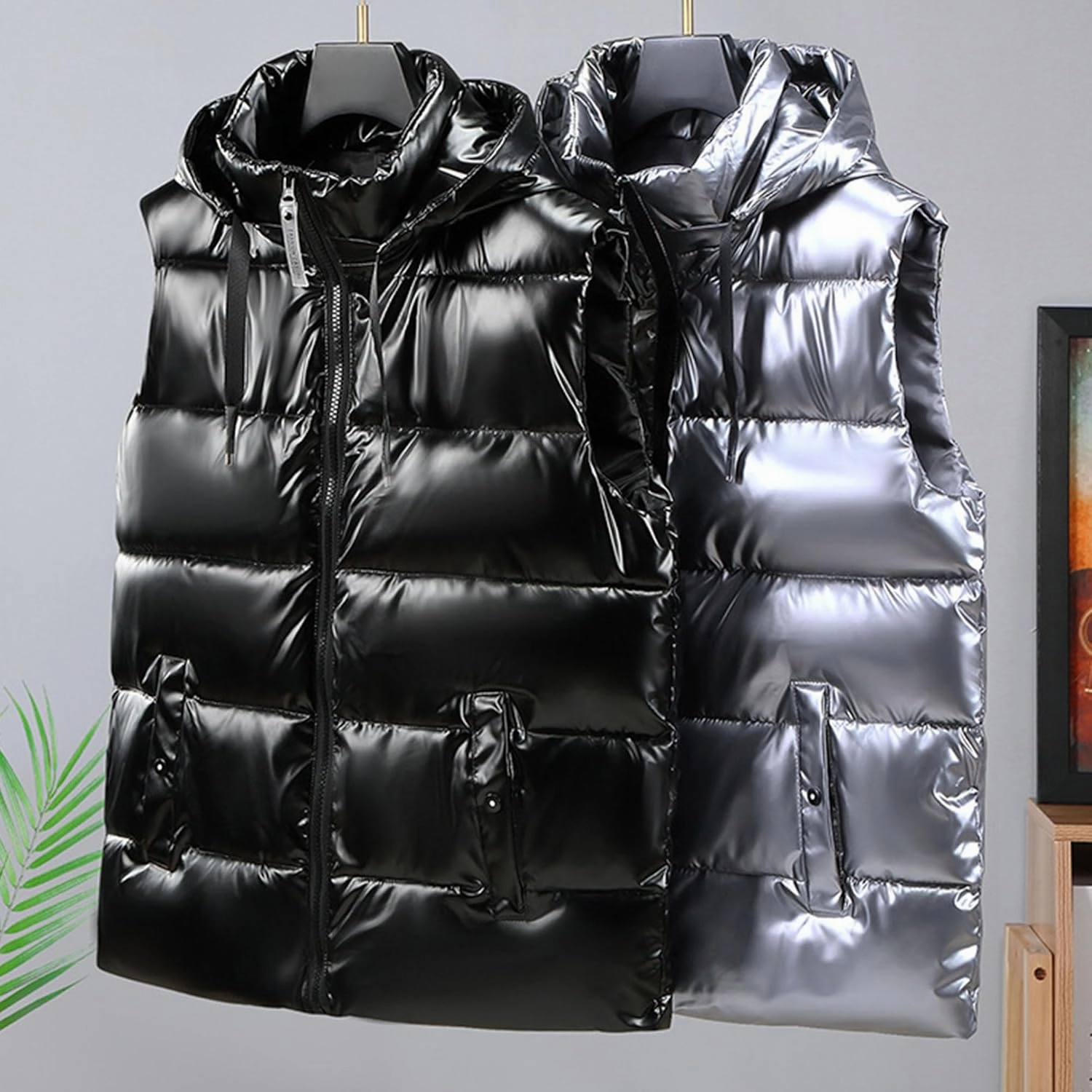 Men's Metallic Shiny Winter Vest Padded Sleeveless Zip Up Hooded Coat Warm Outdoor Thick Luxury Jacket Vest
