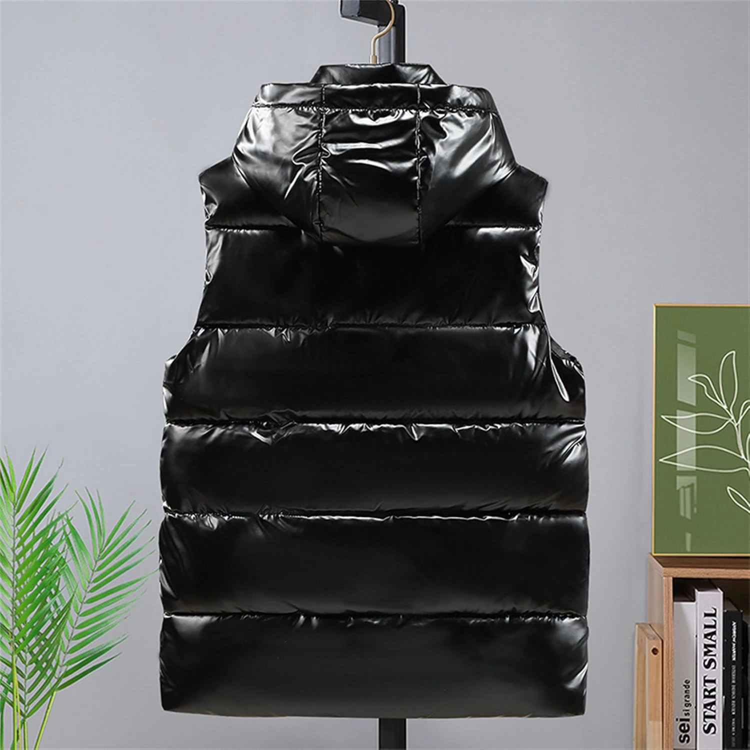 Men's Metallic Shiny Winter Vest Padded Sleeveless Zip Up Hooded Coat Warm Outdoor Thick Luxury Jacket Vest