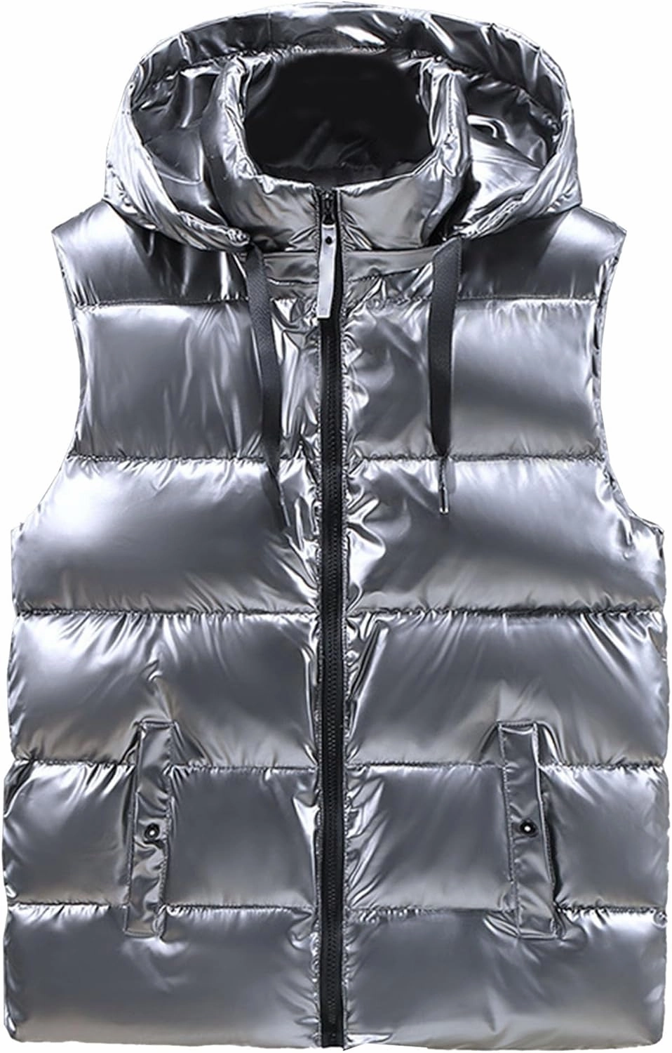 Men's Metallic Shiny Winter Vest Padded Sleeveless Zip Up Hooded Coat Warm Outdoor Thick Luxury Jacket Vest