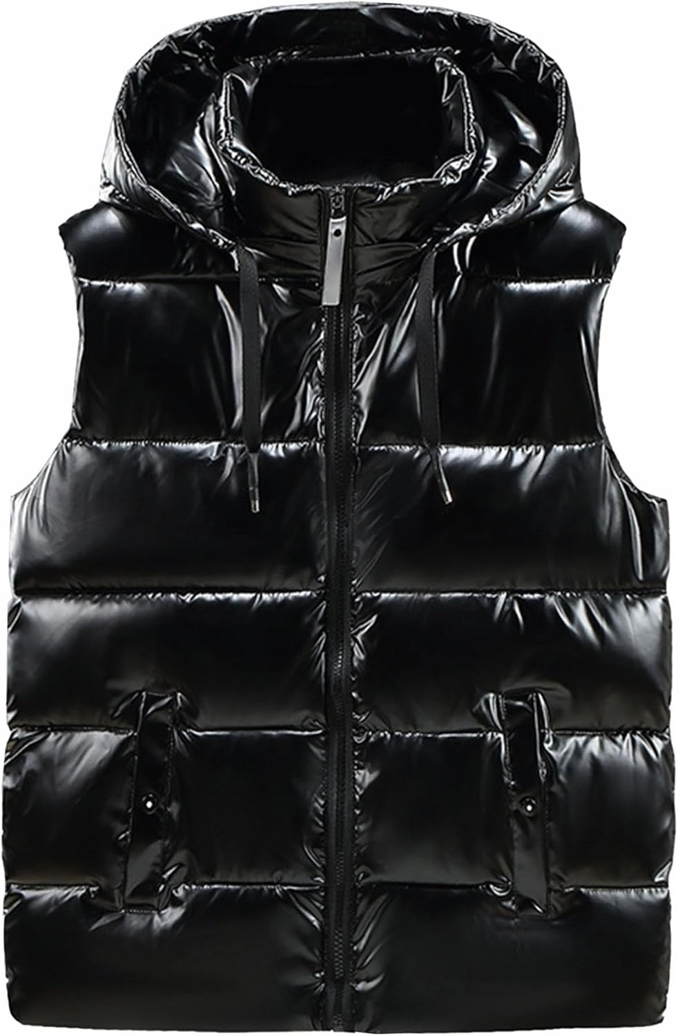 Men's Metallic Shiny Winter Vest Padded Sleeveless Zip Up Hooded Coat Warm Outdoor Thick Luxury Jacket Vest