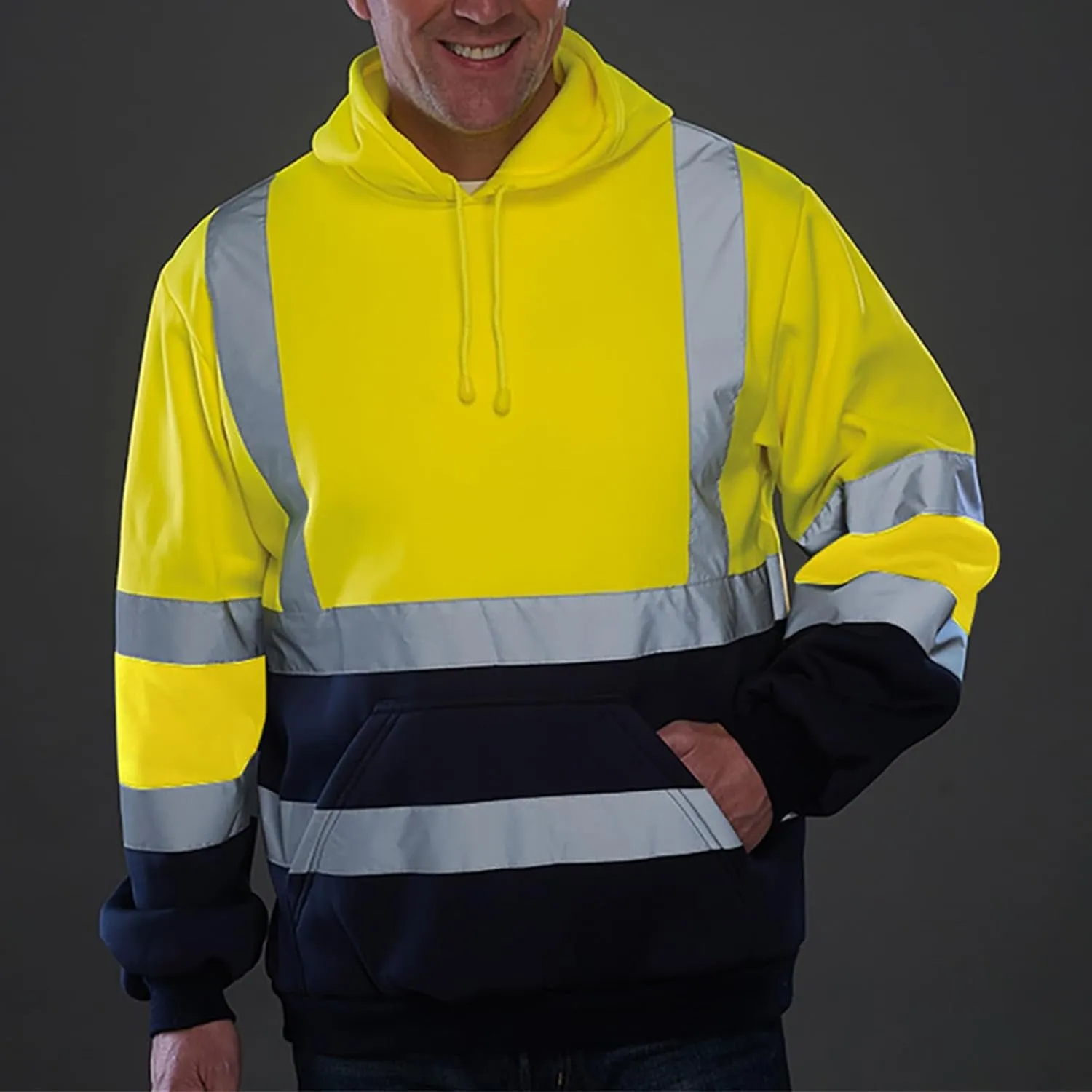 Mens High Visibility Hoodies Midweight Loose Fit Hooded Pullover Hoodie with Lime Reflective Stripes, Class 3 Safe