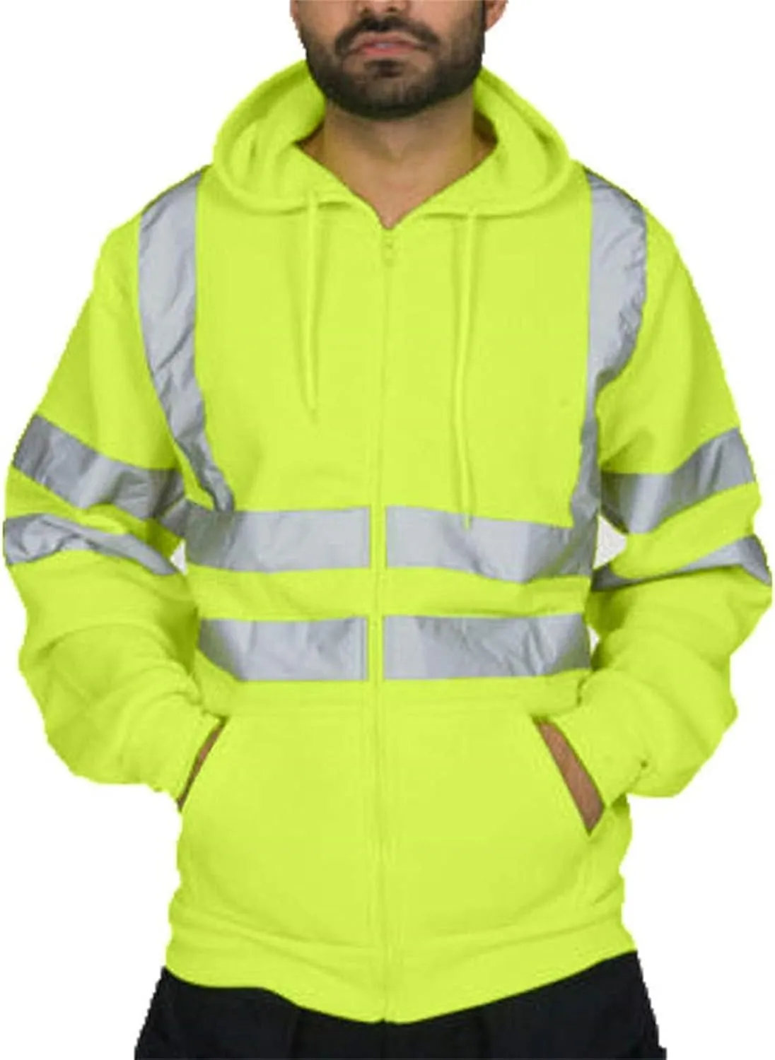 Mens High Visibility Hoodies Midweight Loose Fit Hooded Pullover Hoodie with Lime Reflective Stripes, Class 3 Safe