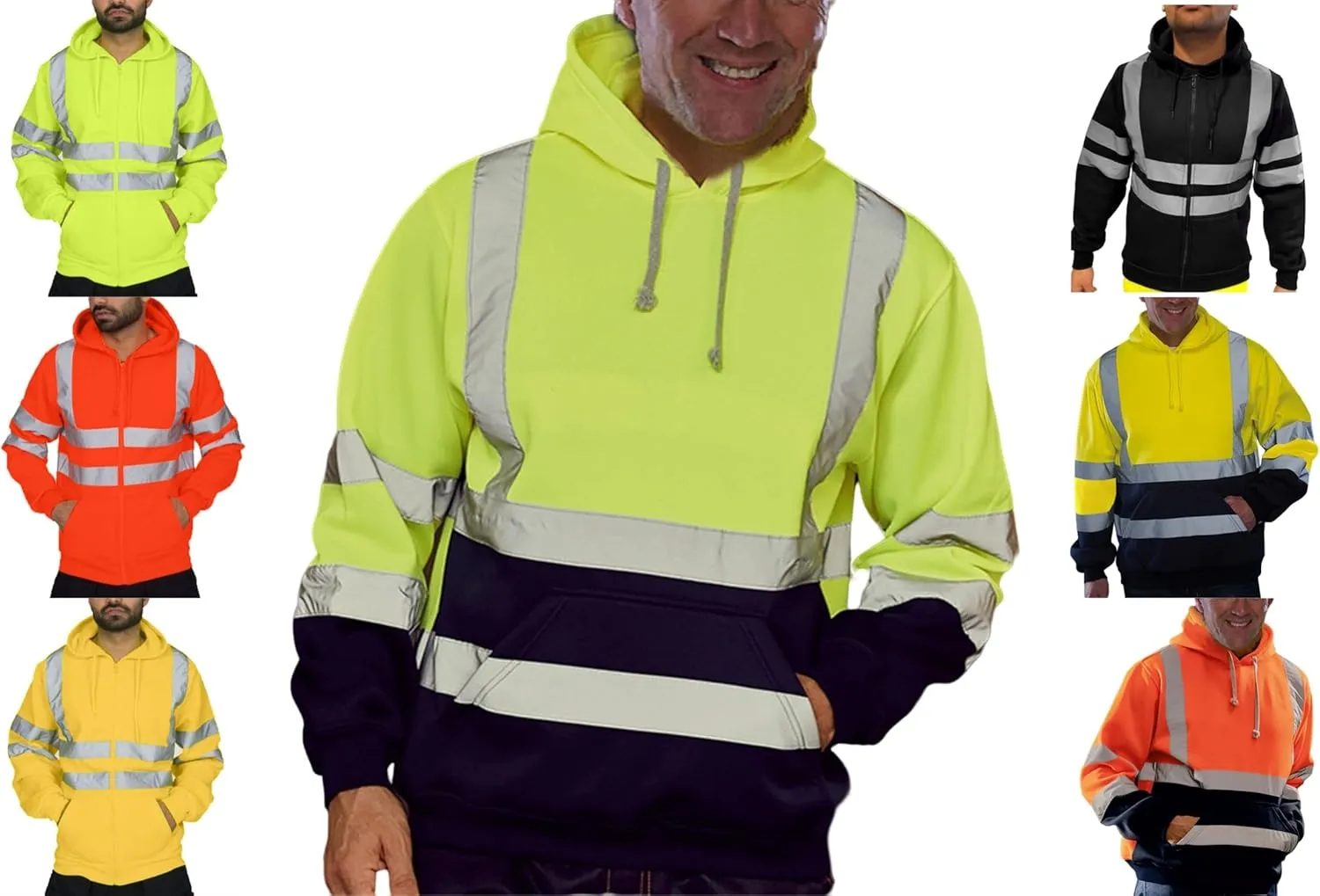 Mens High Visibility Hoodies Midweight Loose Fit Hooded Pullover Hoodie with Lime Reflective Stripes, Class 3 Safe