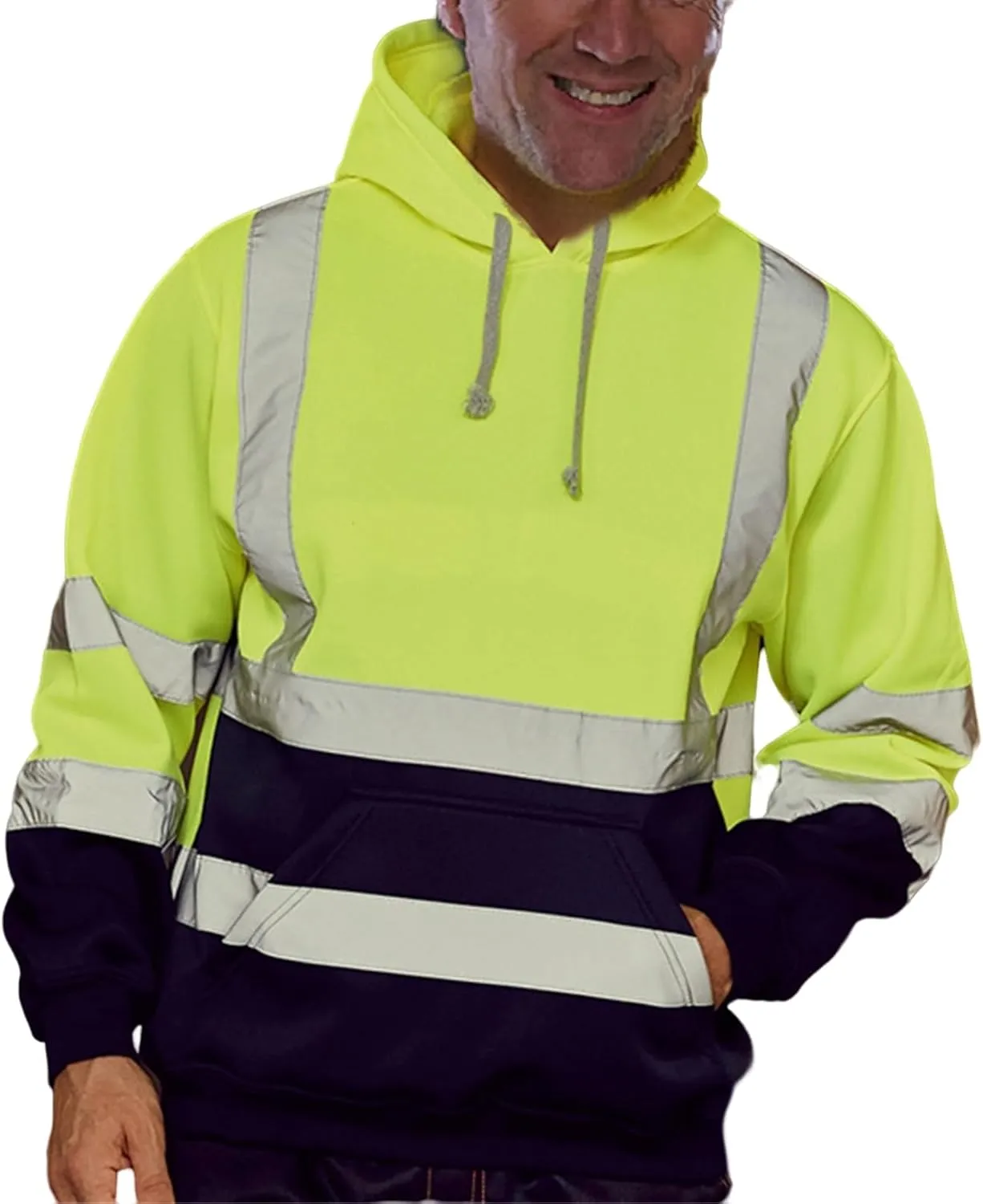 Mens High Visibility Hoodies Midweight Loose Fit Hooded Pullover Hoodie with Lime Reflective Stripes, Class 3 Safe