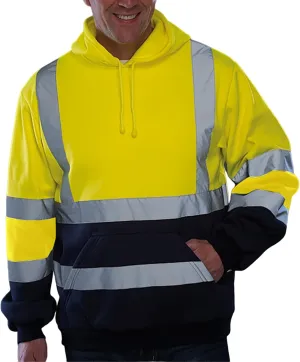 Mens High Visibility Hoodies Midweight Loose Fit Hooded Pullover Hoodie with Lime Reflective Stripes, Class 3 Safe