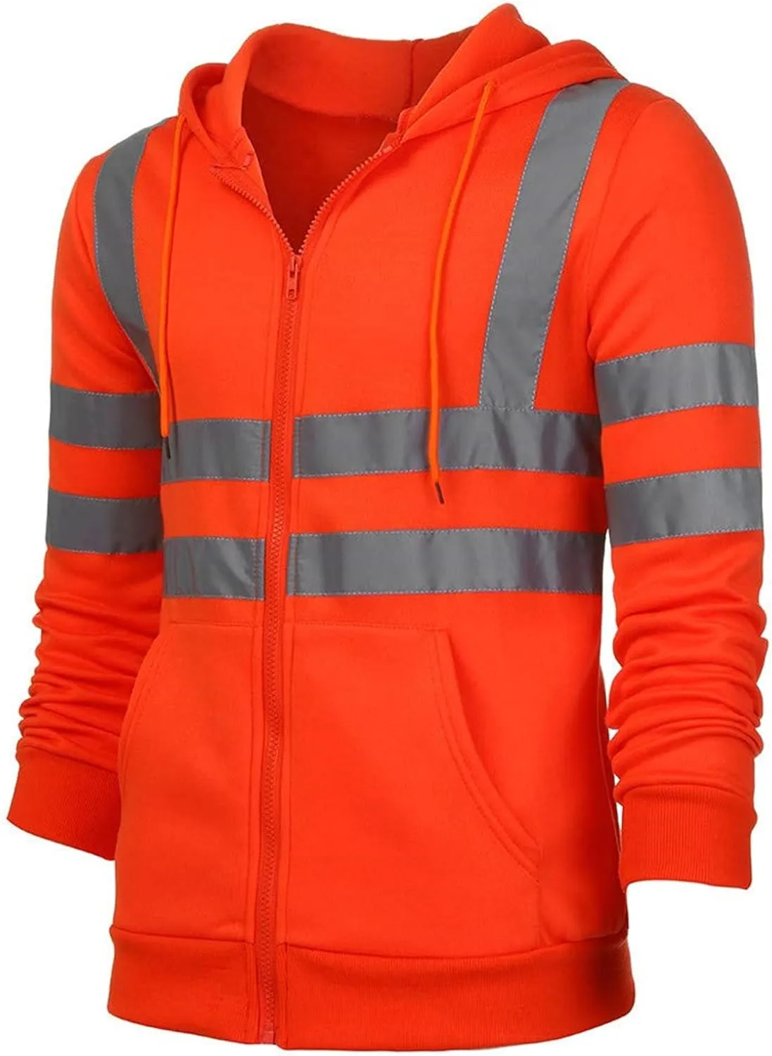 Mens High Visibility Hoodies Midweight Loose Fit Hooded Pullover Hoodie with Lime Reflective Stripes, Class 3 Safe