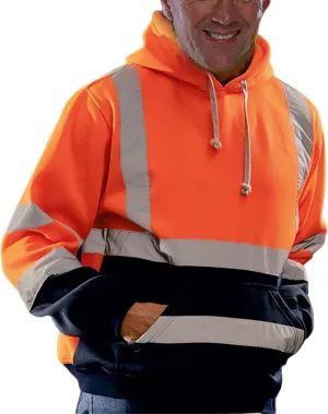 Mens High Visibility Hoodies Midweight Loose Fit Hooded Pullover Hoodie with Lime Reflective Stripes, Class 3 Safe