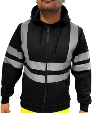 Mens High Visibility Hoodies Midweight Loose Fit Hooded Pullover Hoodie with Lime Reflective Stripes, Class 3 Safe