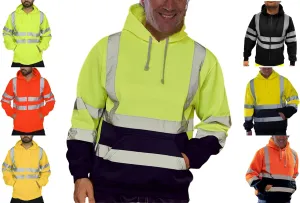 Mens High Visibility Hoodies Midweight Loose Fit Hooded Pullover Hoodie with Lime Reflective Stripes, Class 3 Safe