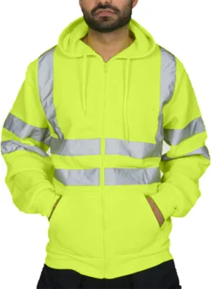 Mens High Visibility Hoodies Midweight Loose Fit Hooded Pullover Hoodie with Lime Reflective Stripes, Class 3 Safe