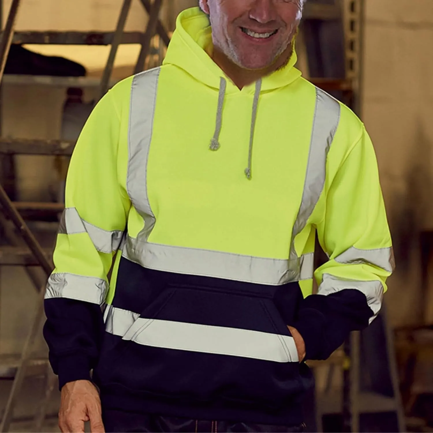 Mens High Visibility Hoodies Midweight Loose Fit Hooded Pullover Hoodie with Lime Reflective Stripes, Class 3 Safe