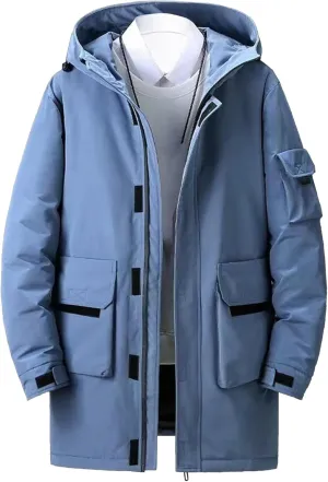 Mens Long Windproof Hooded Jacket Water-Repellent Jackets for Ski Outdoor Winter Quilted Zip Male Puffer Parka