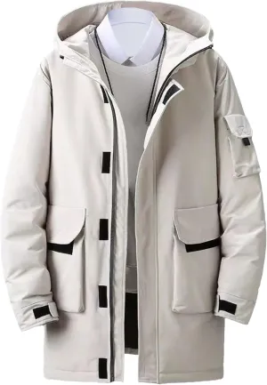 Mens Long Windproof Hooded Jacket Water-Repellent Jackets for Ski Outdoor Winter Quilted Zip Male Puffer Parka