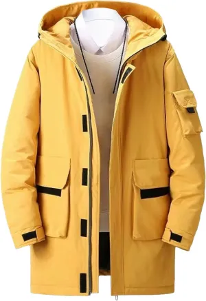 Mens Long Windproof Hooded Jacket Water-Repellent Jackets for Ski Outdoor Winter Quilted Zip Male Puffer Parka