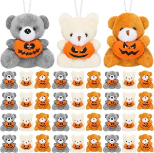 Meooeck 36 Pcs Halloween Stuffed Animal Mini Bear Plush Toys - Small Soft Pumpkin With Hanging Rope for Boys Girls Gifts, Party Decoration 2.36 Inch